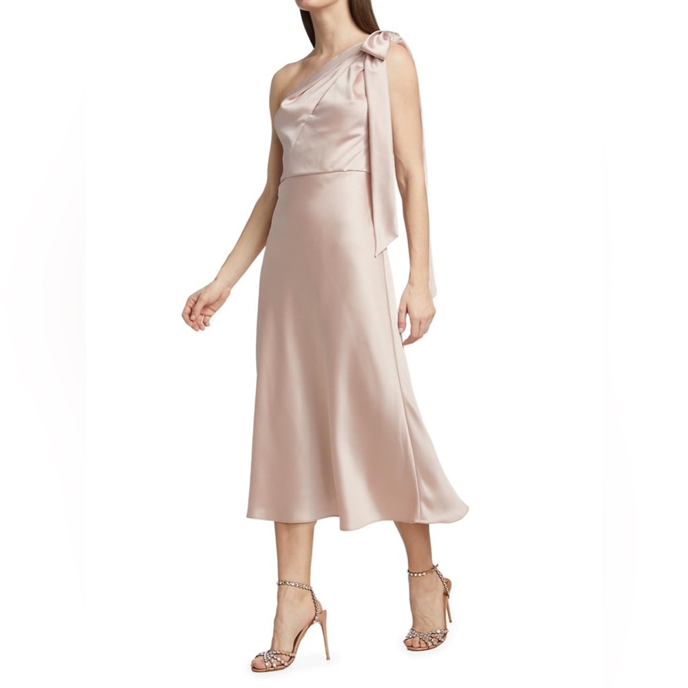 $495 Amsale Satin One-Shoulder Midi Dress size 8